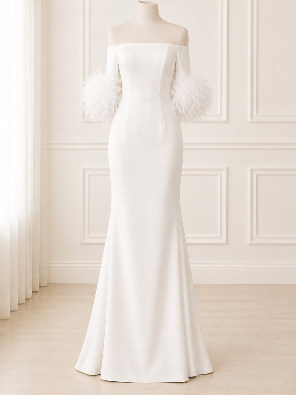 Mac Duggal 11441 Ivory Off Shoulder Feather Sleeve Bridal Gown 6 NWT MSRP $498